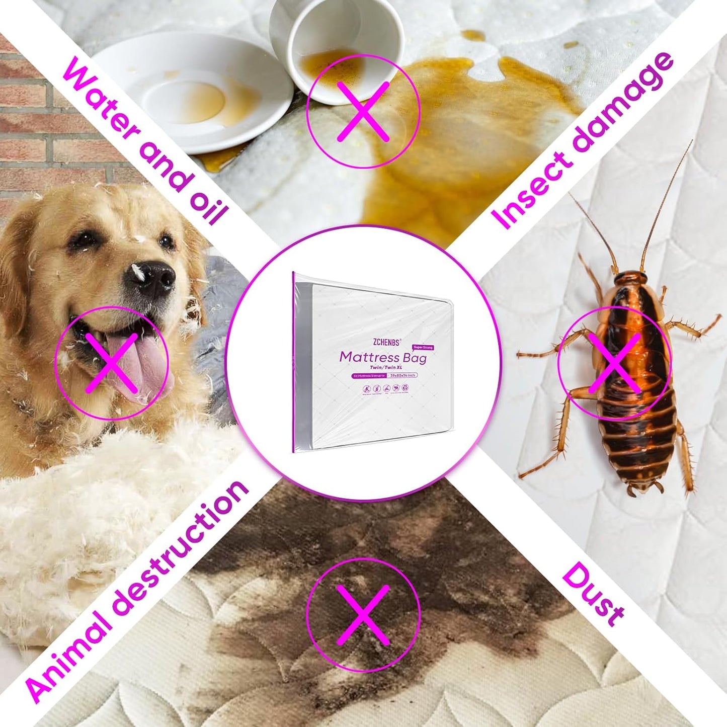 ZCHENBS® – Mattress Bags for Moving and Storage,Mattress Bag with Zippers,5 Mil Ultra-Thick Bed Bag,Waterproof,Anti-Tear,Heavy-Duty Mattress bag (Tansparent/Purple, Twin/Twin XL-(1 Pack))