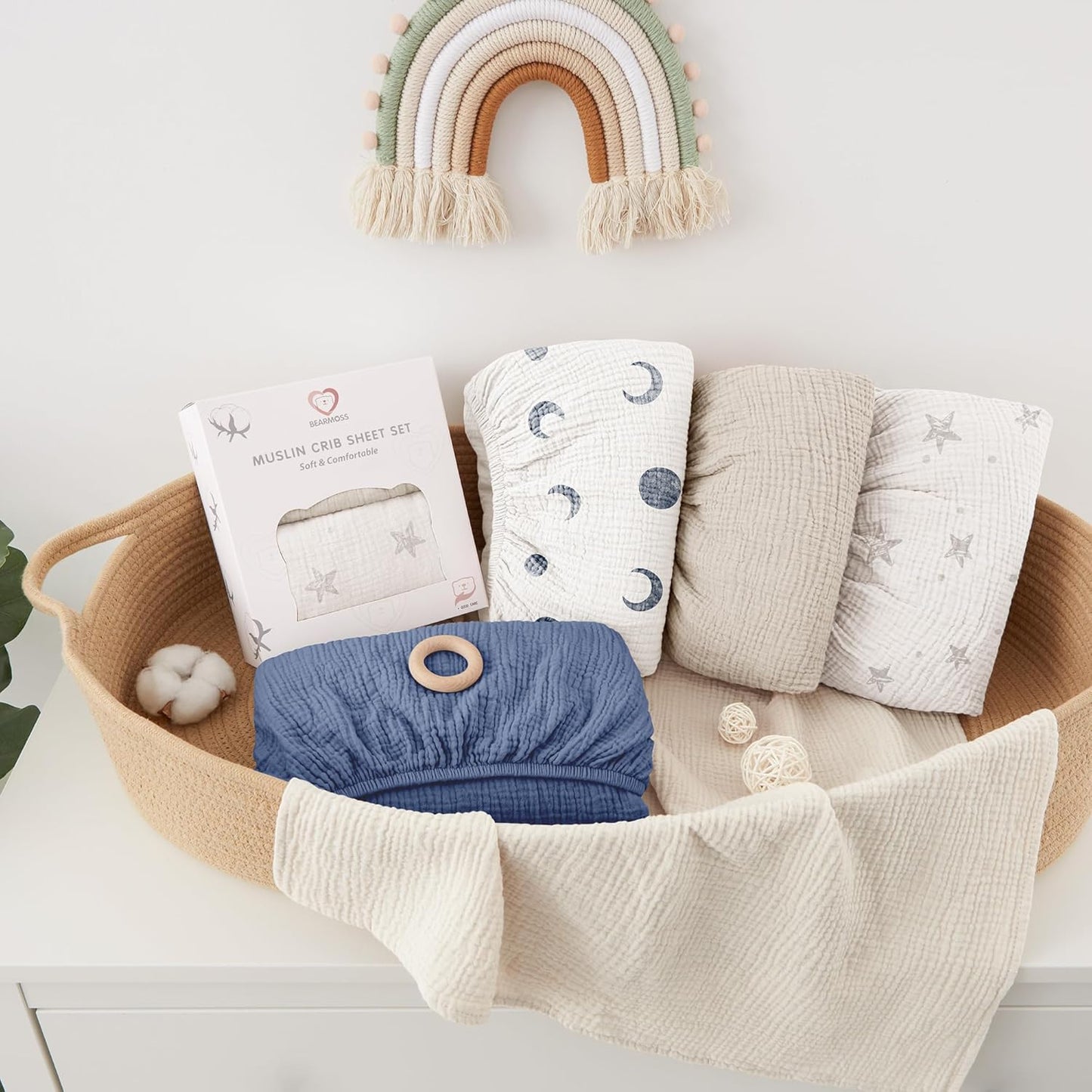 Bearmoss Muslin Crib Sheets - 100% Cotton Baby Crib Sheets Fitted for Standard Crib Mattress &