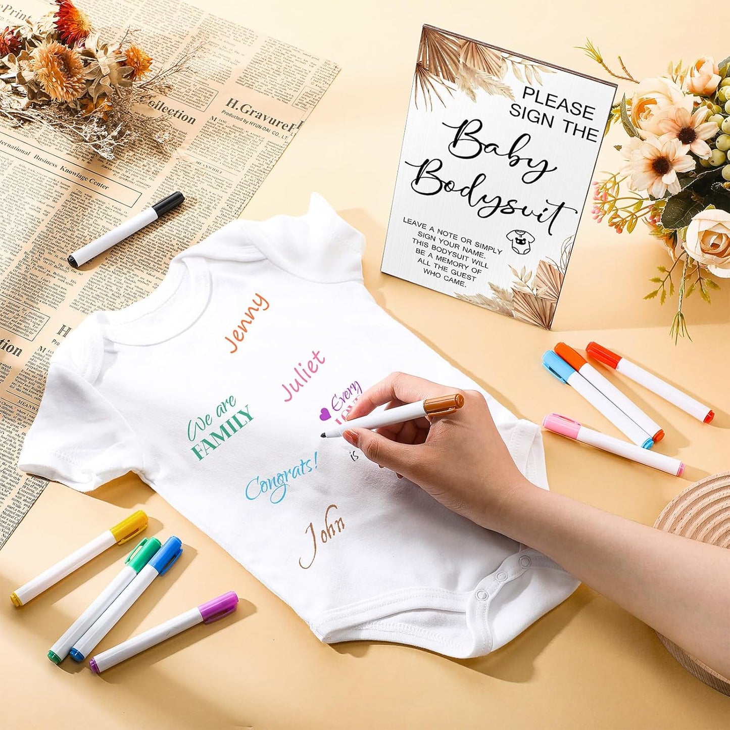 Qunclay 12 Pcs Baby Bodysuit Baby Shower Game Include 1 Game Wooden Sign Tabletop Decor 1 White Blank Newborn Bodysuit 10 Fabric Marker for Gender Reveal Party(Boho)