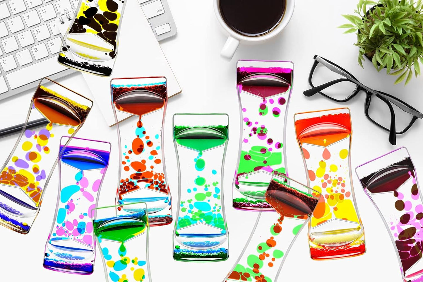 Liquid Motion Bubbler Timer Set of 1 for Office and Home Ornament, Fidget Sensory Toys for Autism, Anxiety, Stress Relief Activity, Bubble Drop Oil Water Hourglass with Gift Box Pink & Green