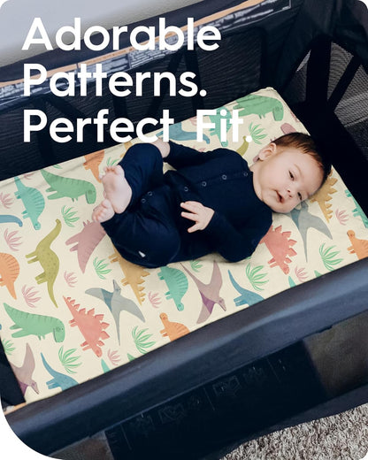 Pack N Play Sheets Fitted, TotBasic Ultra Soft Dinosaur Mini Crib Sheets, Premium Jersey Knit Pack and Play Sheets, Stretchy Neutral Play Yard Sheets for Pack and Play Mattress, 2 Pack(Vintage Dino)