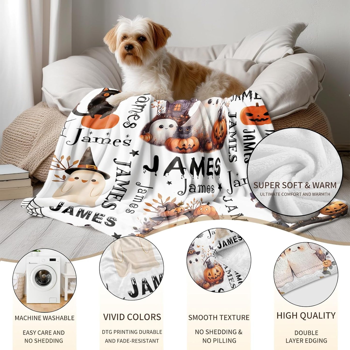 Ship Next Day, Custom Halloween Blanket - Printed in USA, Personalized Baby Blankets with Name