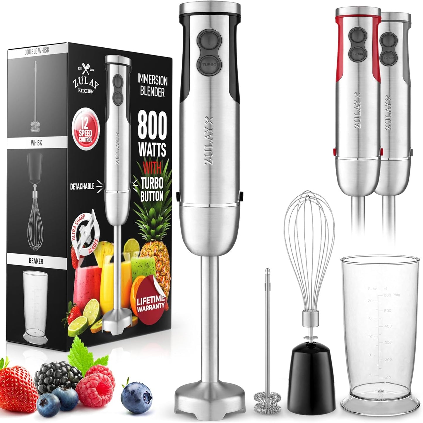 Zulay 4-in-1 Immersion Stick Mixer Hand Blender - 800 Watts, 12 Speeds, 5-ft Power Electric Cord