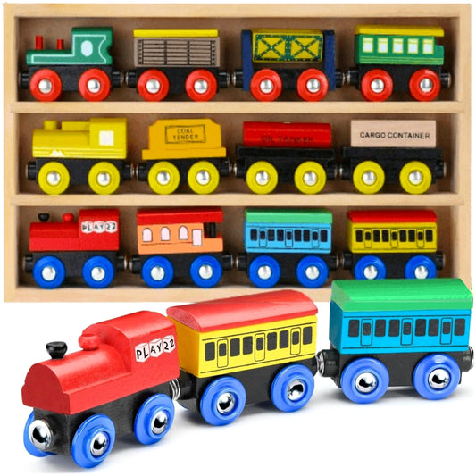 Wooden Train Set 12 PCS - Train Toys Magnetic Set Includes 3 Engines - Toy Train Sets For Kids