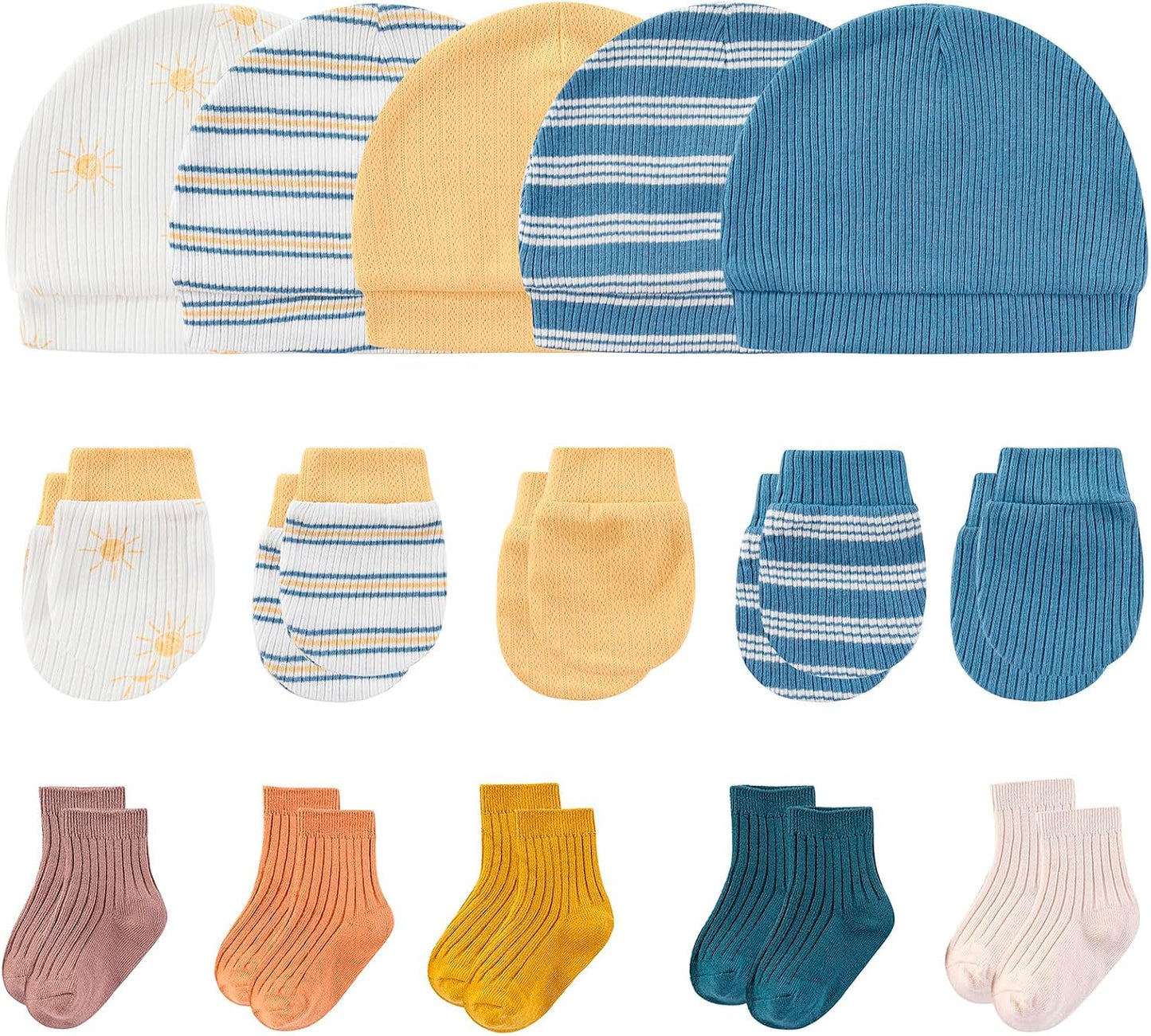 Newborn Baby Boy Girl Caps Mittens Socks Set Cotton Baby Essentials Accessories (Hats+Gloves+Socks)