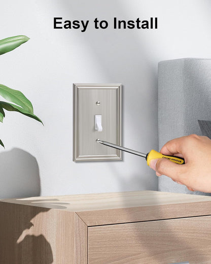 6-Pack Single Toggle Light Switch Cover Plate, Durable Solid Zinc Alloy Decorative Switch Plate Covers, Brushed Nickel 1 Gang Wall Plate, Corrosion Resistant