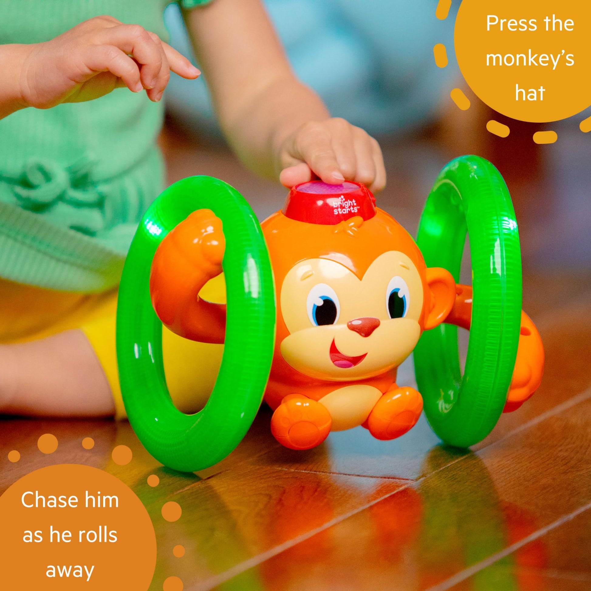 Bright Starts Roll & Glow Monkey Crawling Baby Toy with Lights and Sounds, Tummy Time Toy, 6 Months