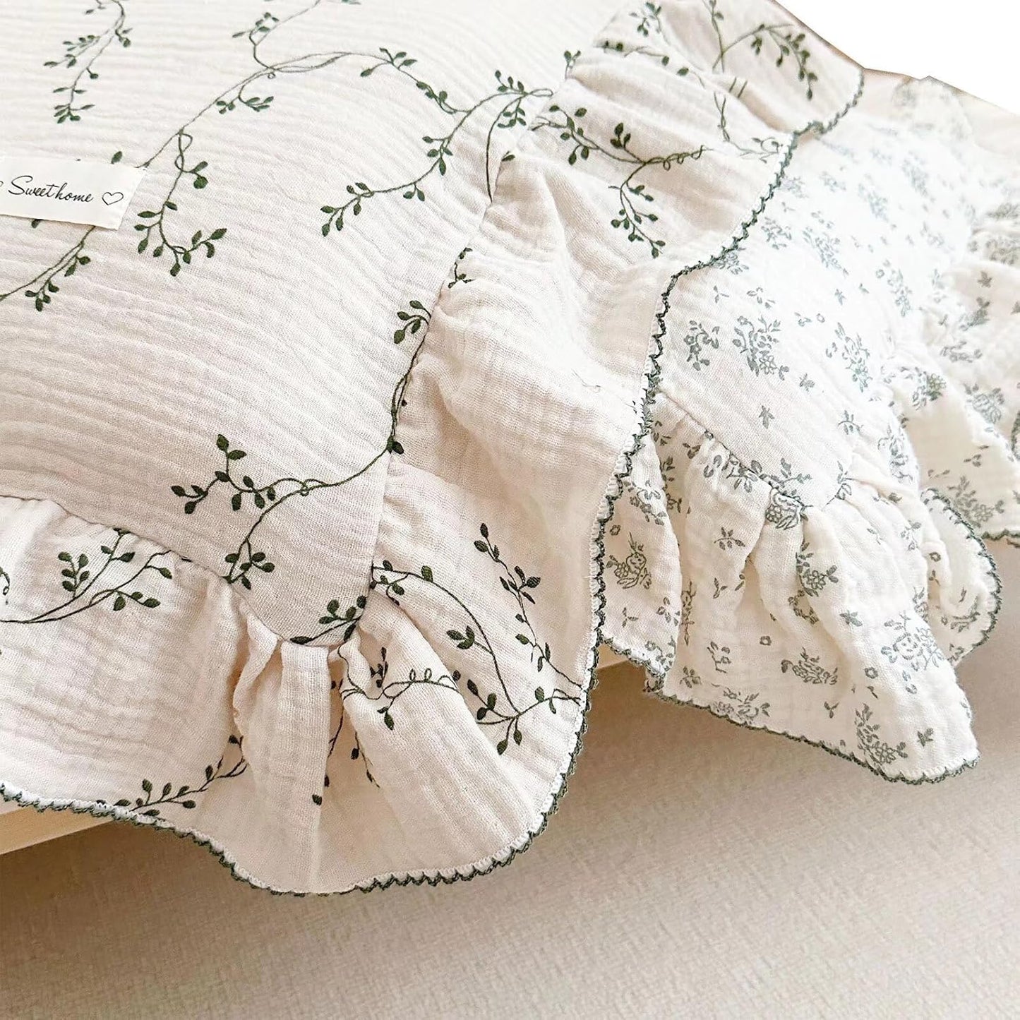 BuLuTu 100% Cotton Muslin Floral Pillowcase Standard Size Soft Breathable Gauze Cotton Kids Teens Pillow Cases 20"x26", Durable Pillow Cover, 1 Piece, Vine Pattern, Machine Wash