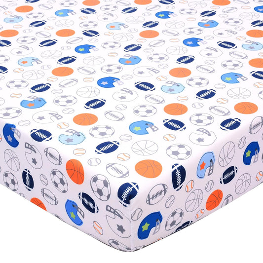 Crib Sheet - 1 Pack Sports Theme Nursery Bedding Sheet - Footballs Printed Standard Size Infant Bed