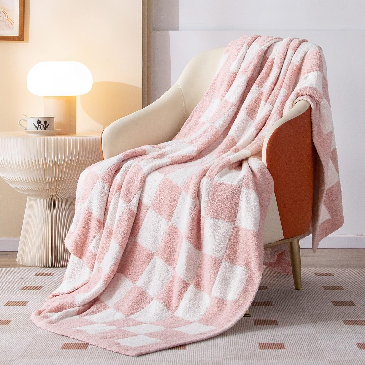 SeaRoomy Checkered Throw Blanket, Soft Fluffy Fuzzy Blanket Reversible Checkerboard Pink Throw