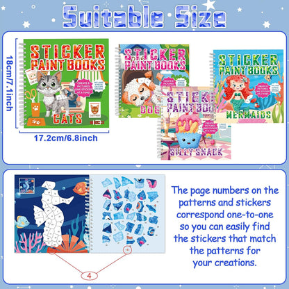 gisgfim 4Pcs Paint by Sticker Books Sticker by Number Books Activity Puzzle Book Craft Art Gift with Mermaid Cat Dog Silly Snack 32 Pictures Sticker by Number Book Set Party Favors