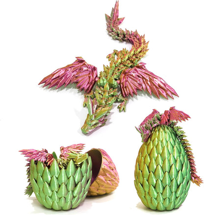 3D Printed Flying Dragon in Egg - 3 Colors Surprise Egg with Flexible Winged Dragon Inside, Mystery Beautiful Fidget Toy, Birthday Gift, Desk Figure Decor (Green Pink Gold)