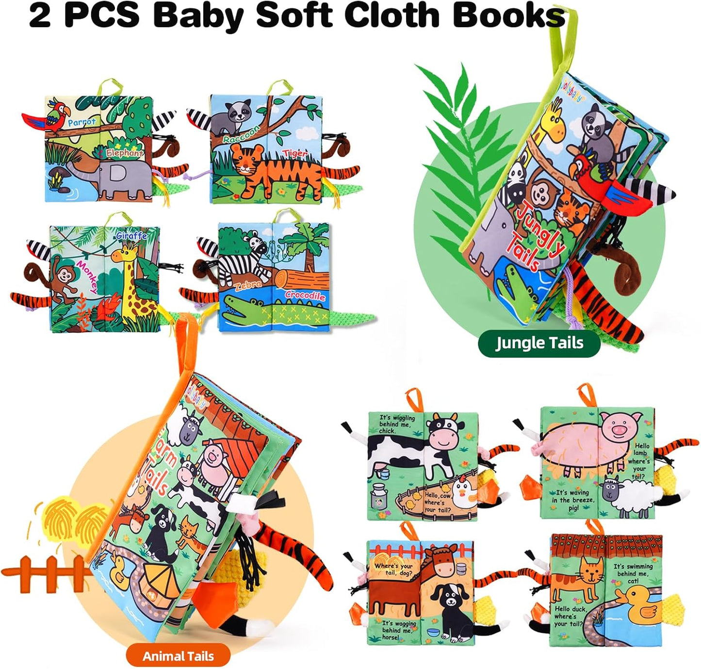 Jollybaby 2 PCS Sensory Touch and Feel Crinkle Books for Baby 0-6 Months, Jungle Farm Tails Montessori Car Set Toys for Tummy Time Newborn 6-12, Soft Fabric Cloth Books for Infant 1 Year Old Gift