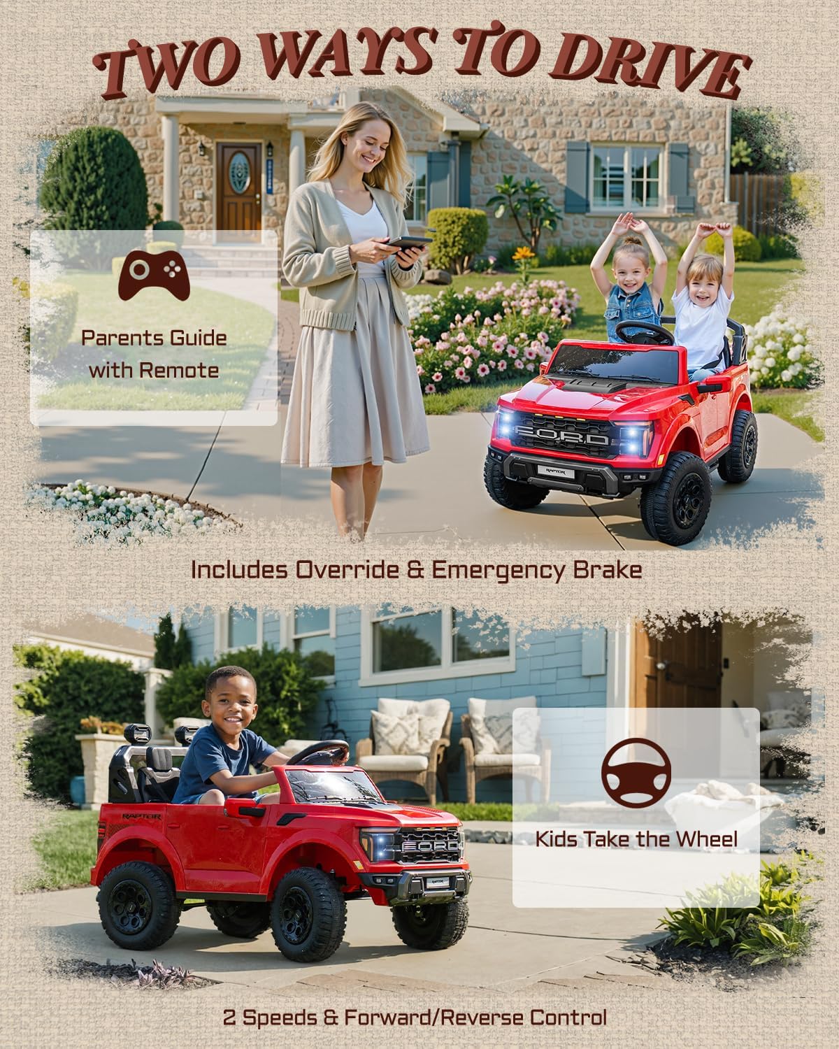 24V 2 Seater Ride on Toys for Kids, Licensed Ford F-150 Raptor Kids Electric Vehicles w/Remote Control, Power Pedal and Durable Wheels, LED Lights, Bluetooth, Truck Bed Storage (Red)