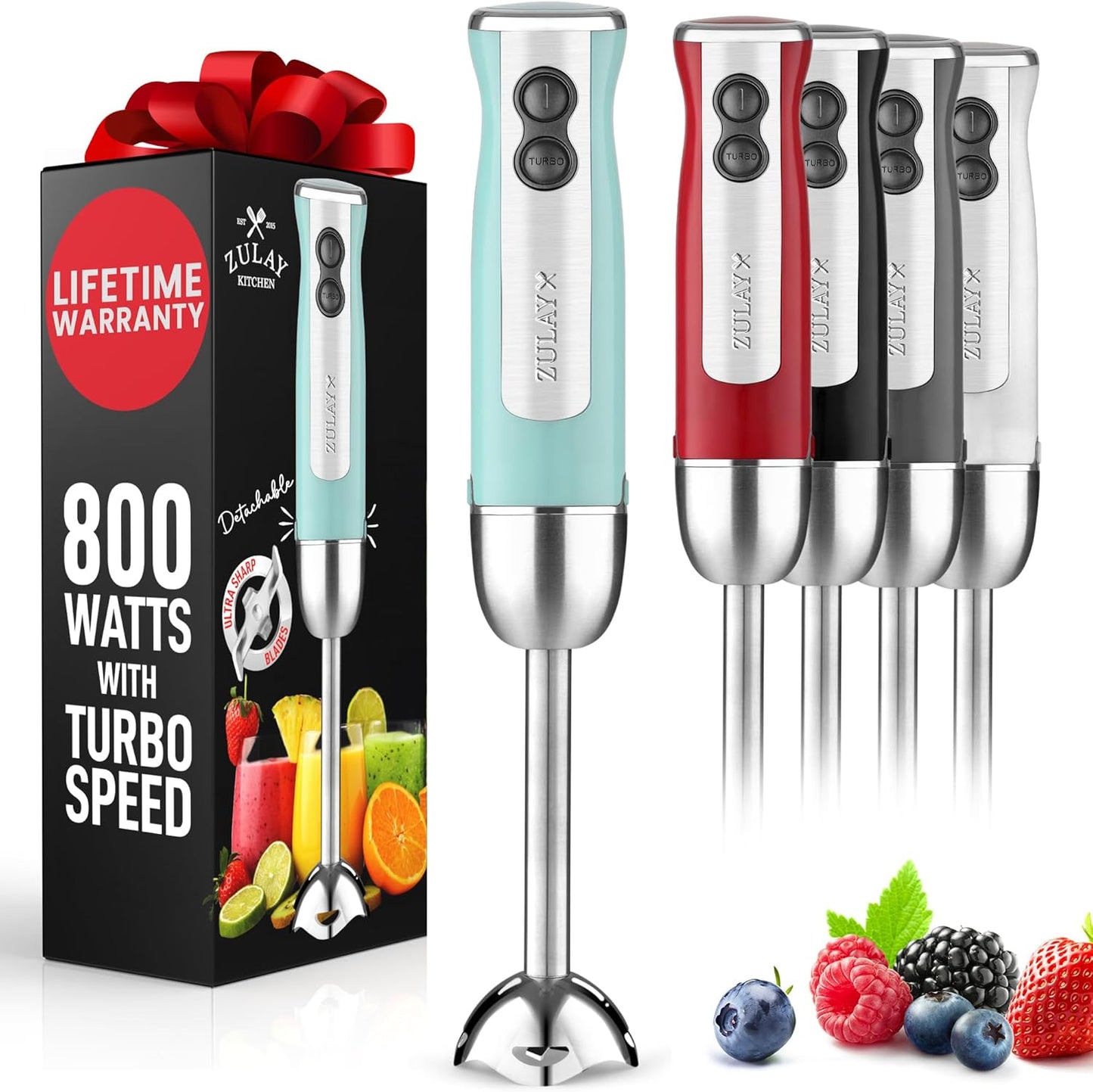 Zulay Immersion Stick Mixer Hand Blender - 800 Watts, Turbo Mode, 5-ft Power Electric Cord