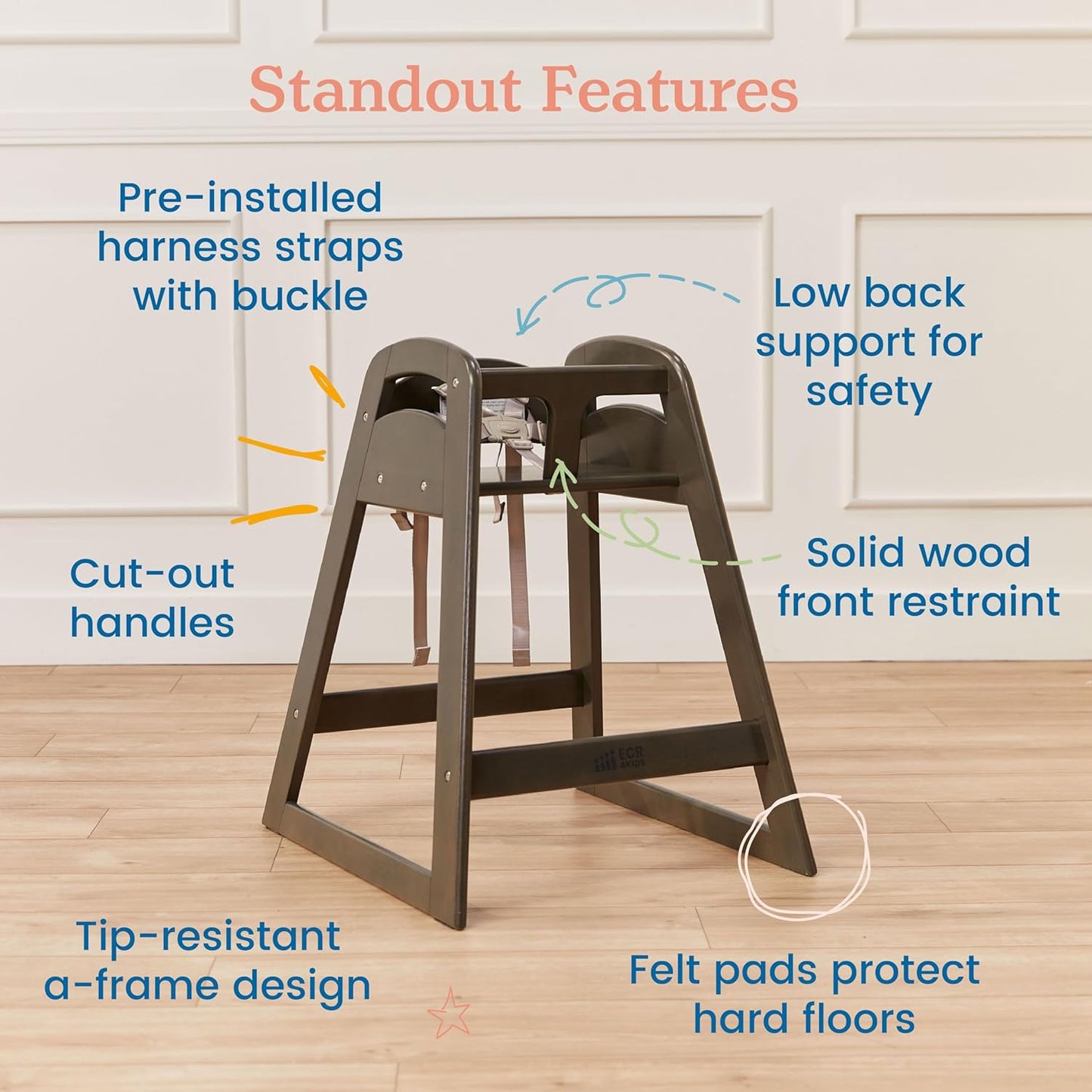ECR4Kids ASATT High Chair, Toddler Chair, Grey Wash