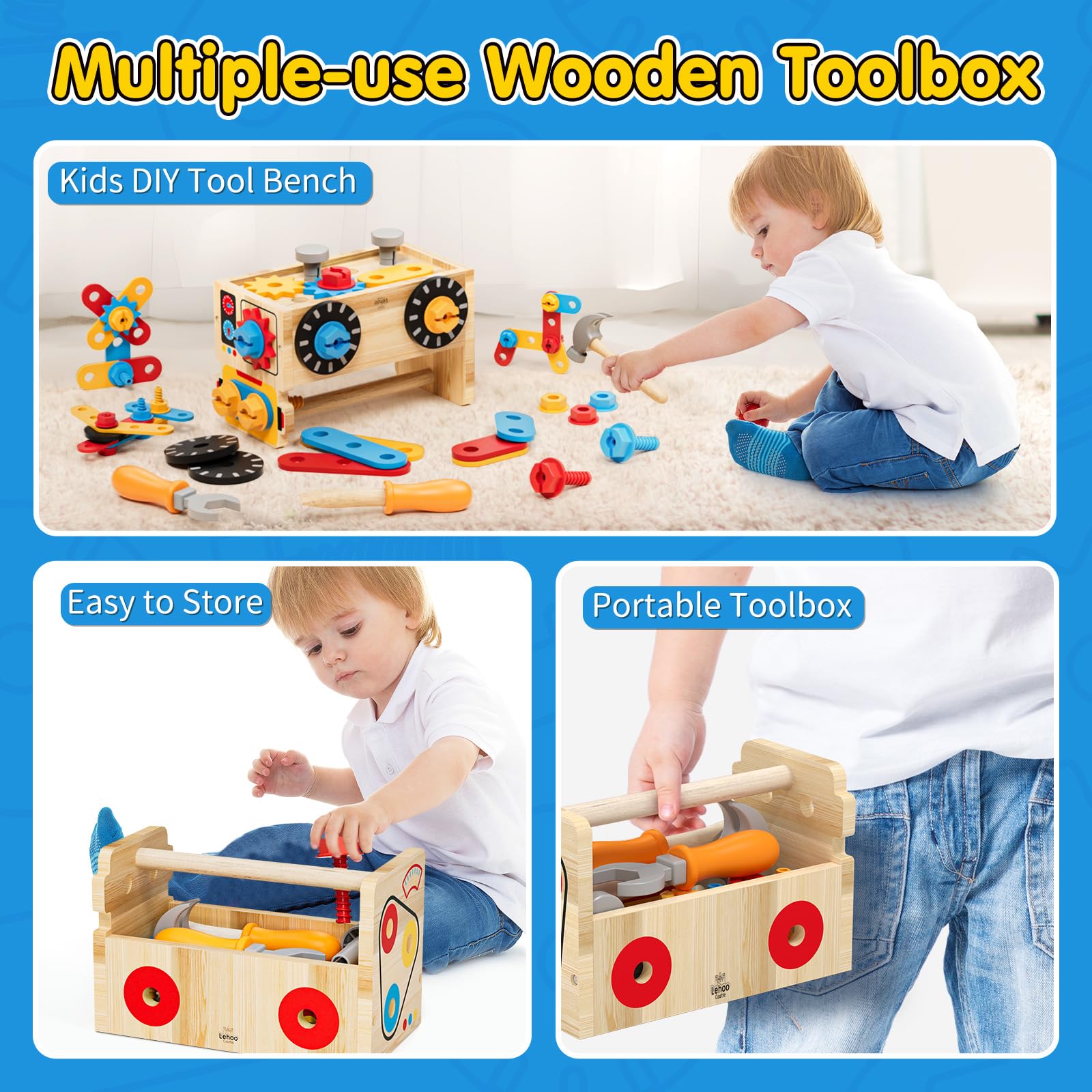 Lehoo Castle Montessori Kids Tool Set, Wooden Toddler Tool Set for Ages 2-4