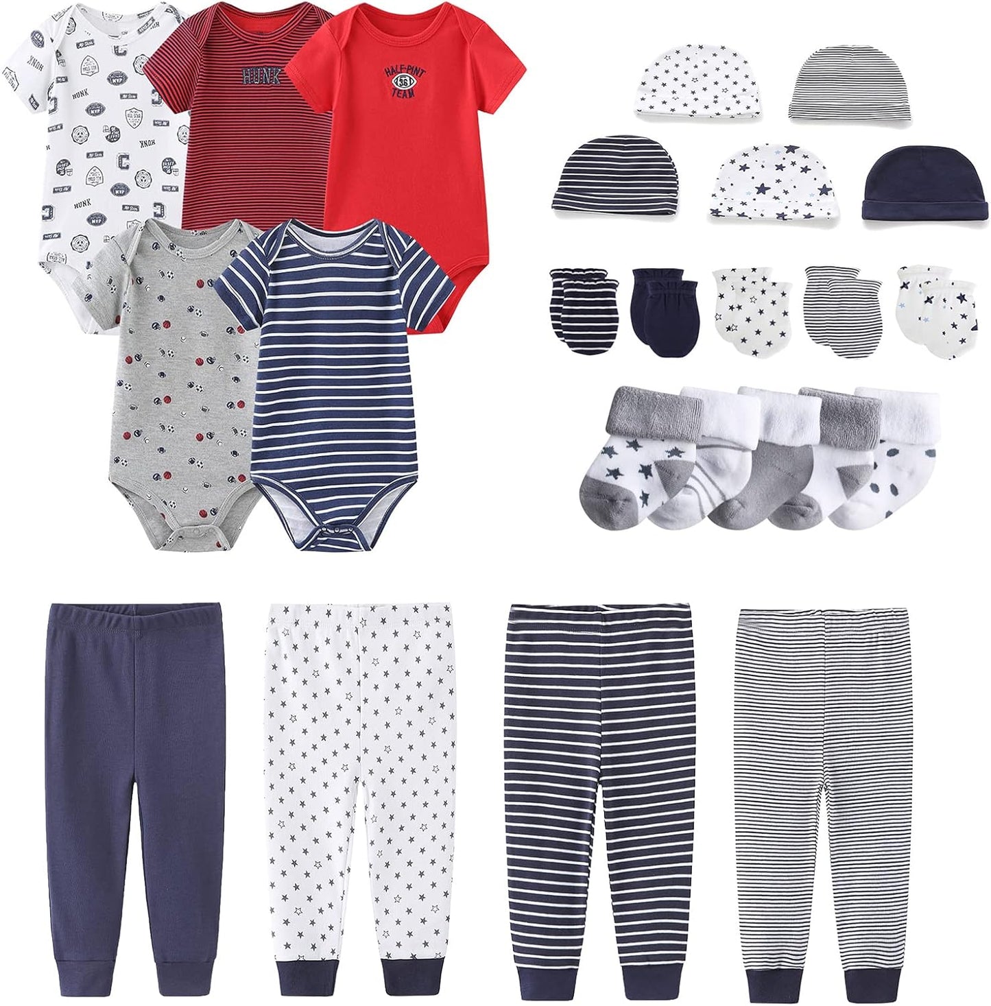 Newborn Layette Gift Set Bodysuits Pants for Baby Girl and Boy 24 Piece 100% Cotton Essentials and Accessories