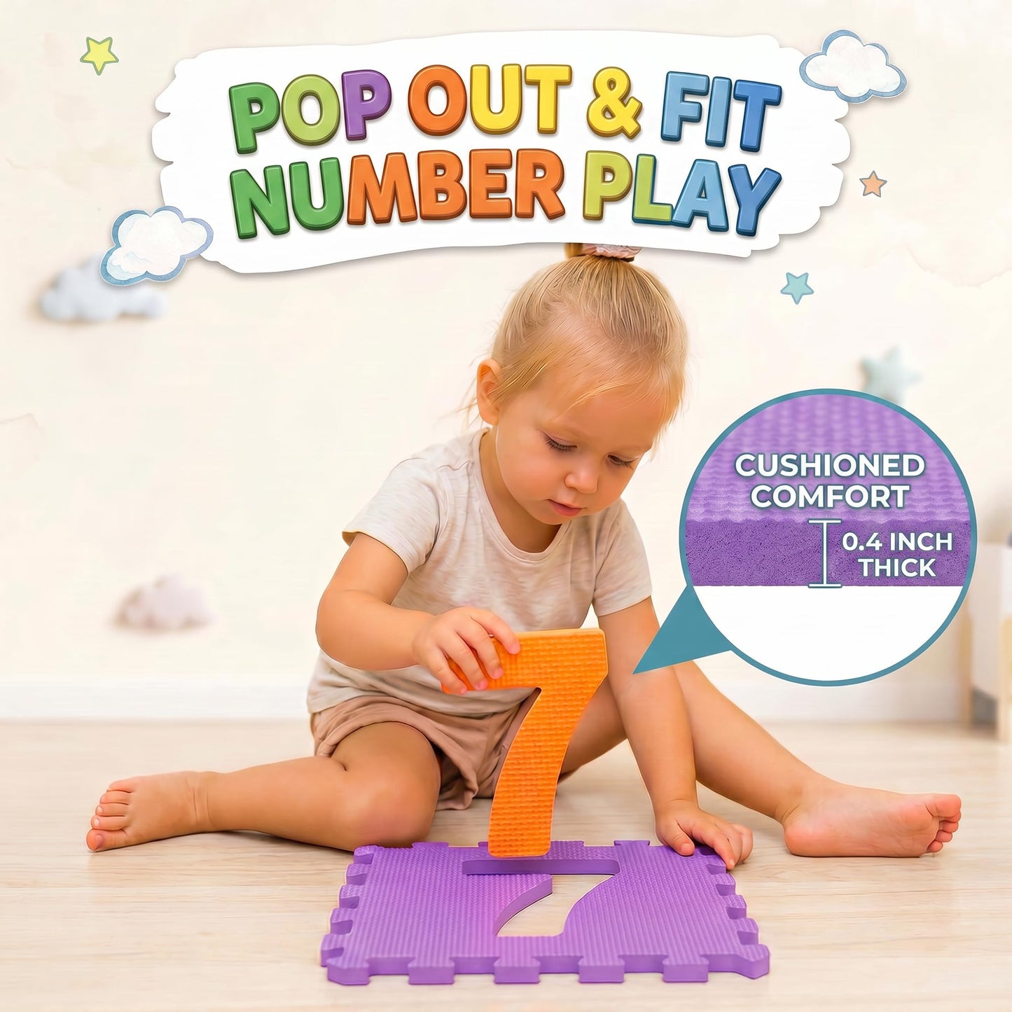 Hopscotch Playmat Foam Interlocking Puzzle Floor Mat - 10 Large Number Tiles (12" by 12" Square