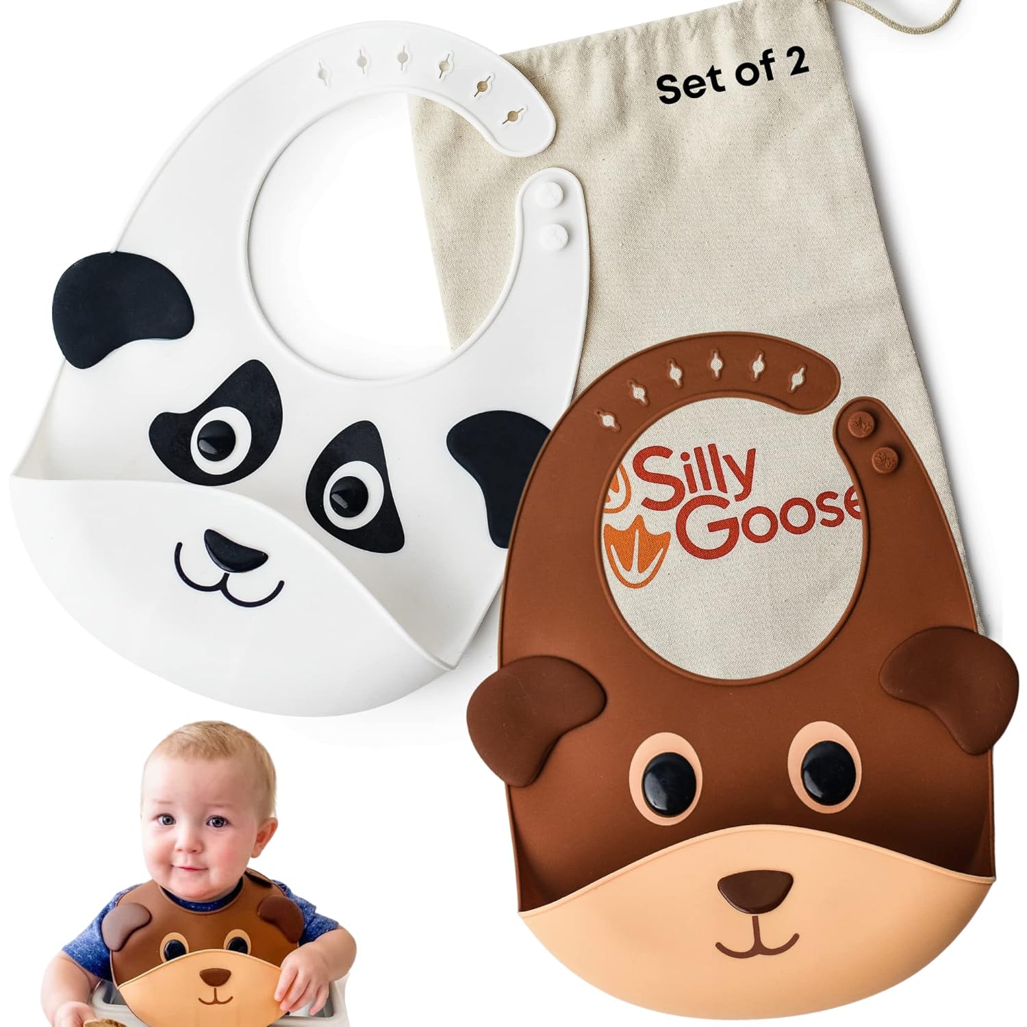 Silly Goose Set of 2 Silicone Animal Baby Bibs for Babies and Toddlers, Waterproof, Adjustable