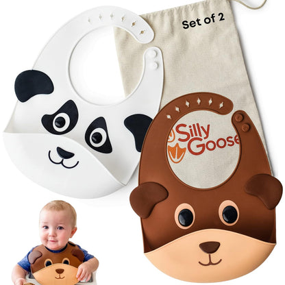 Silly Goose Set of 2 Silicone Animal Baby Bibs for Babies and Toddlers, Waterproof, Adjustable