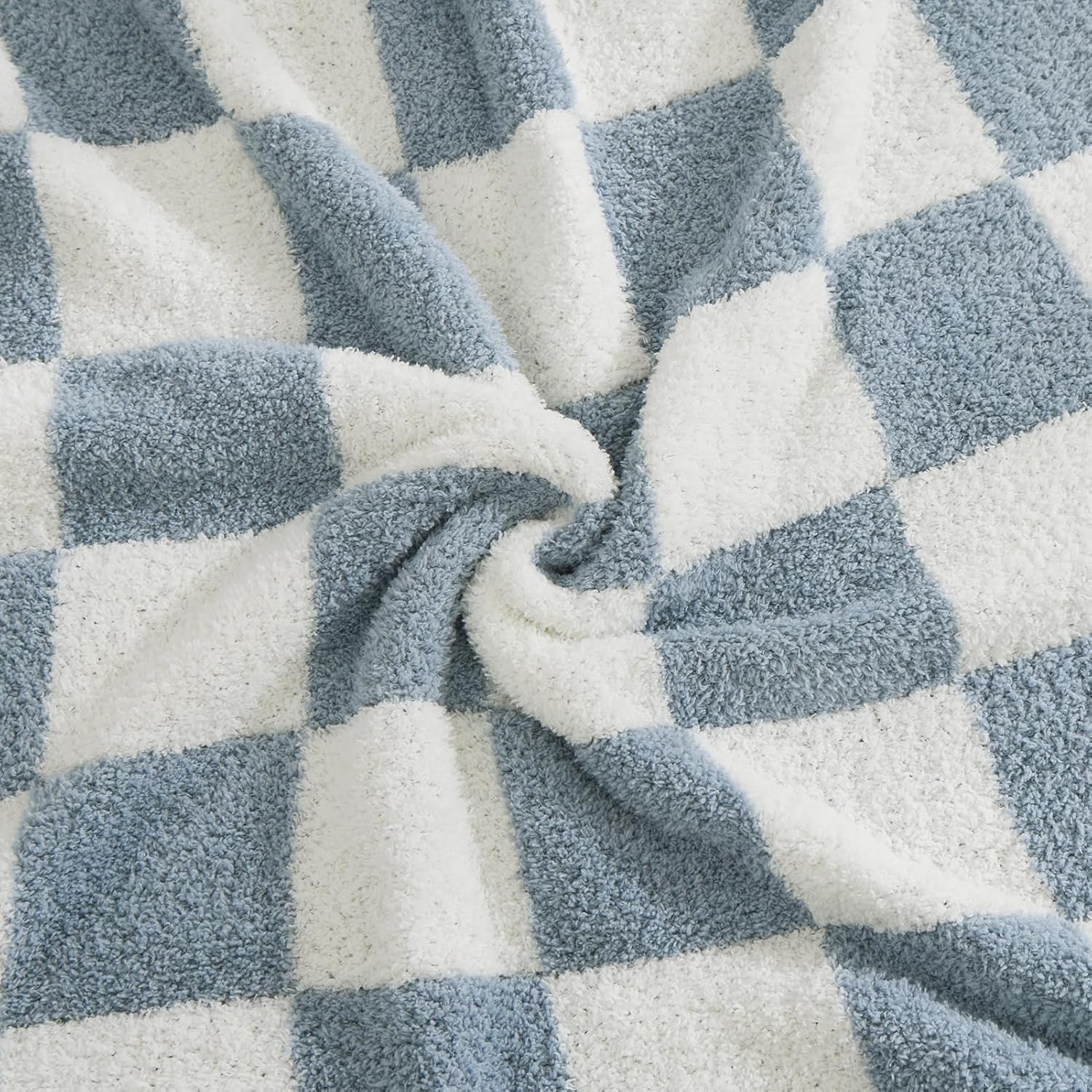WRENSONGE Checkered Throw Blanket, Grey Blue Soft Cozy Fluffy Warm Hand Made Throw Blankets for