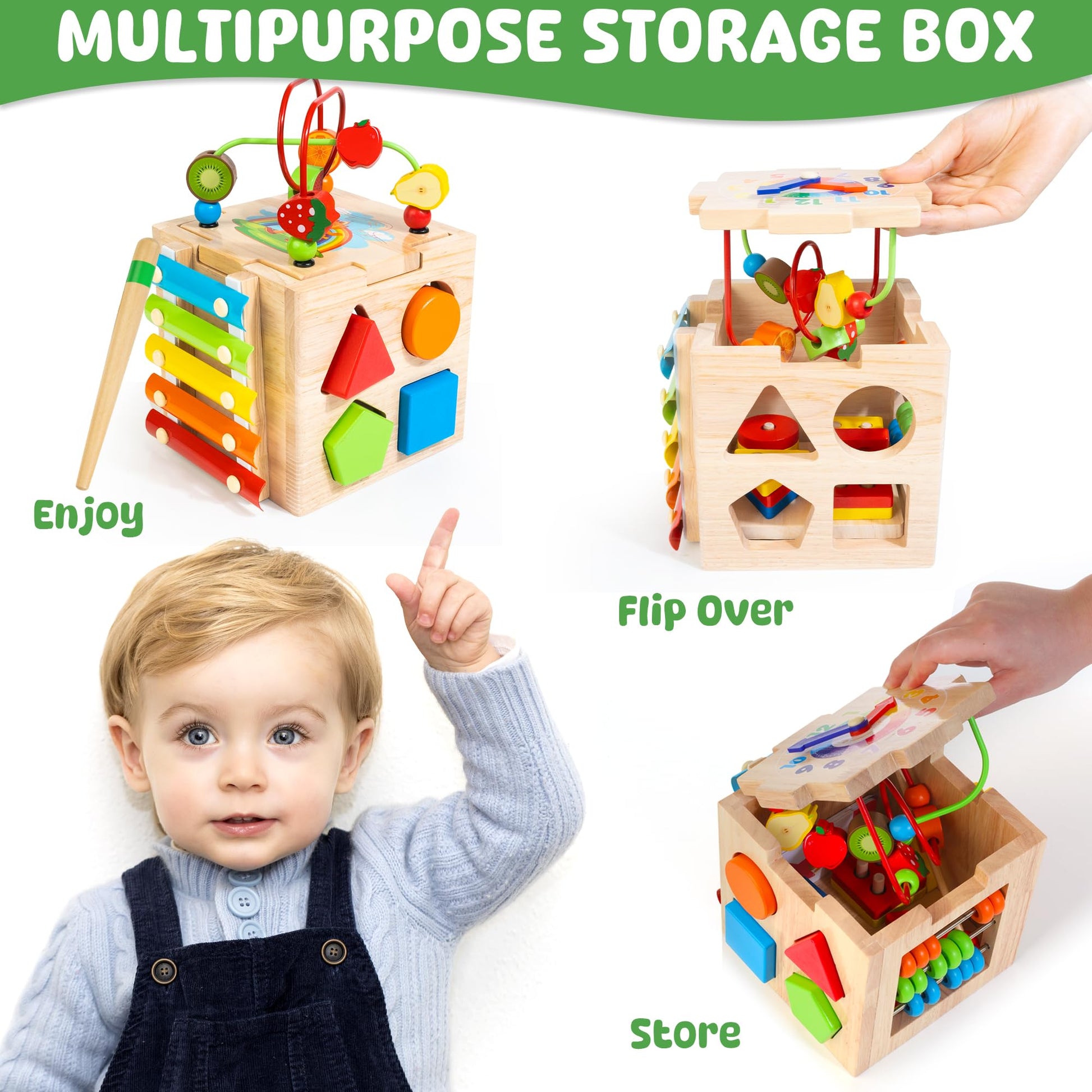 8-in-1 Wooden Baby Activity Cube, Montessori Toys for Toddler 1+ Year Old