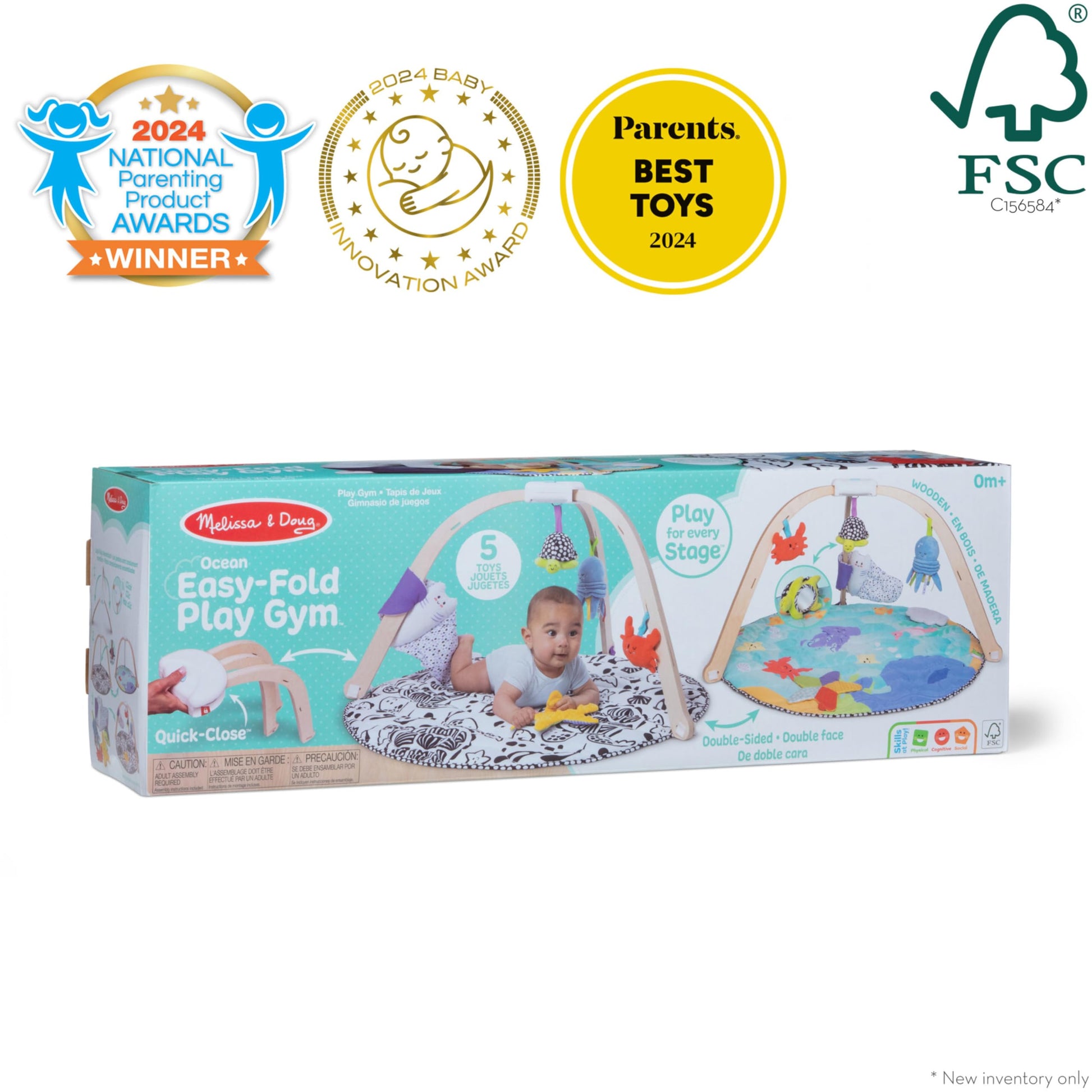 Melissa & Doug Ocean Wooden Baby Play Gym, Easy-Fold Baby Activity Center, 5 Washable Sensory Toys