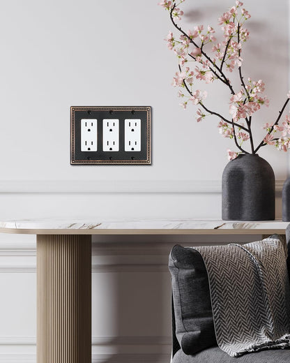 2-Pack Triple Decorator Outlet Cover Plate, Aged Bronze Pearls Decorative Switch Plates and Outlet Covers, Metal Wall Plates for Electrical Outlets, Receptacle, GFCI Outlet, Dimmer Switch