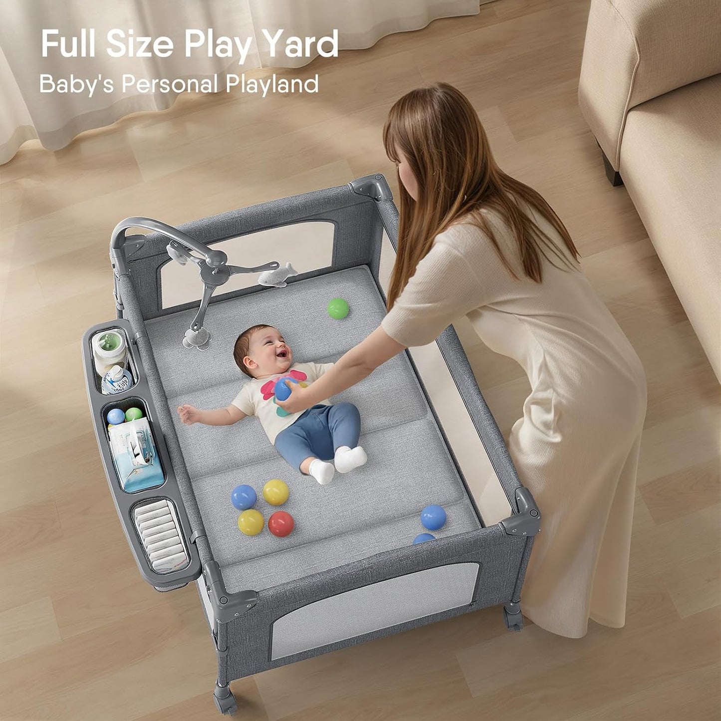 4 in 1 Baby Bassinet, Pack and Play, Bedside Crib Sleeper, Diaper Changer, Quickly Assembled and Folded Portable Crib with Mattress and Mosquito Net, Easy to Carry