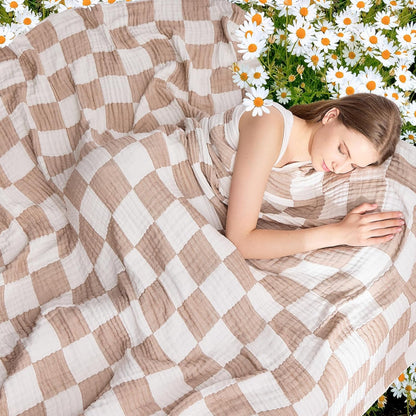 EMME Checkered Throw Blanket Cooling Cotton Blanket for Couch Soft Muslin Blankets 50"x60" Lightweight Breathable Cooling Soft All Season Gauze, Light Tan