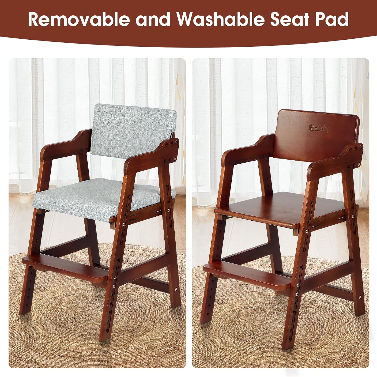 Ezebaby Wooden High Chair for Toddlers to Teens, Adjustable Kids Study & Dining Chair with Steps