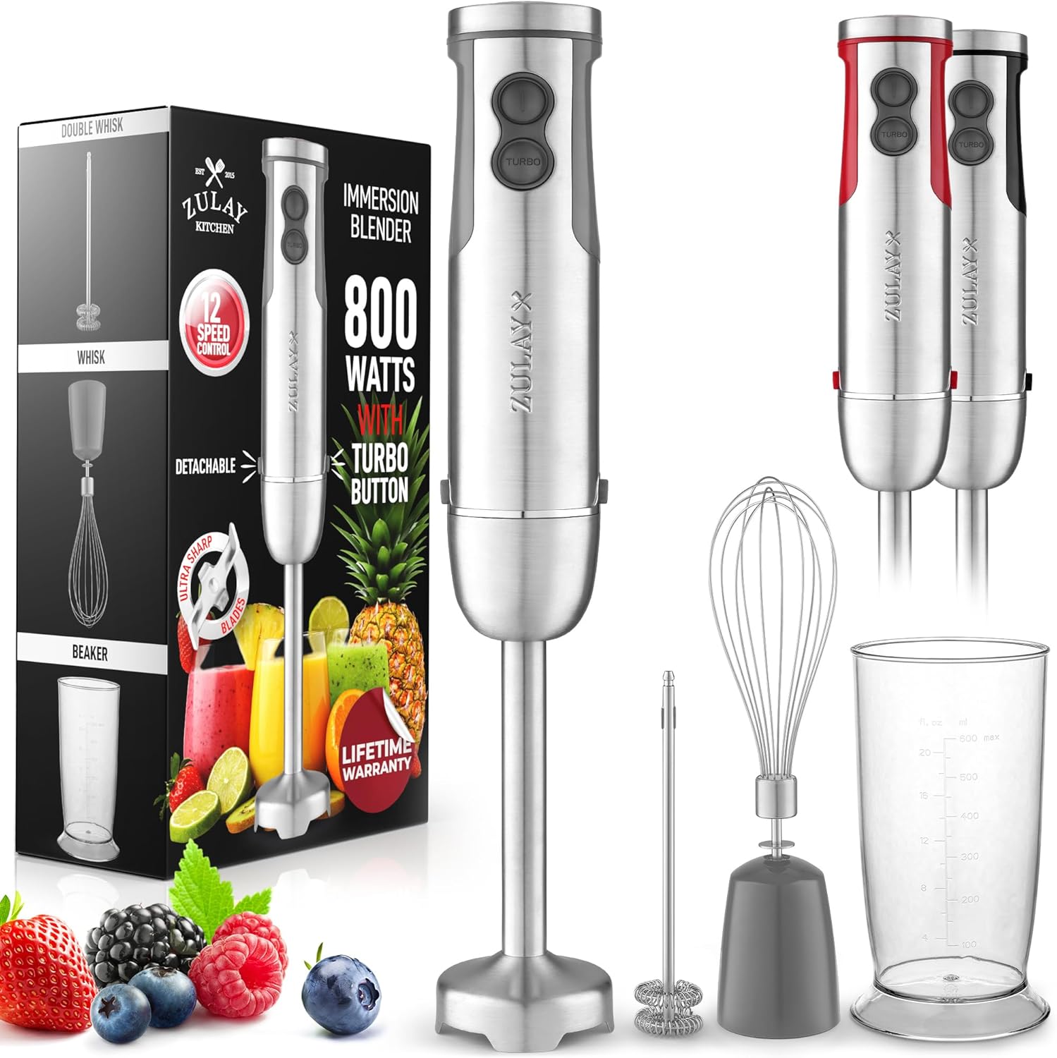 Zulay 4-in-1 Immersion Stick Mixer Hand Blender - 800 Watts, 12 Speeds, 5-ft Power Electric Cord