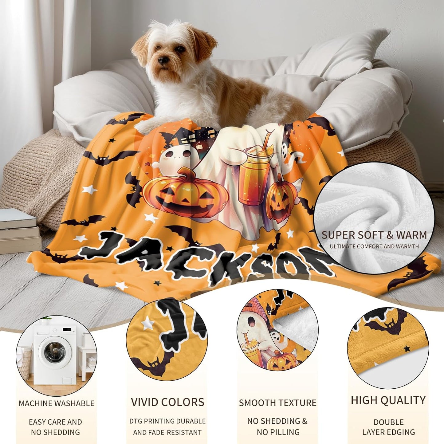 Ship Next Day, Custom Halloween Blanket - Printed in USA, Personalized Baby Blankets with Name