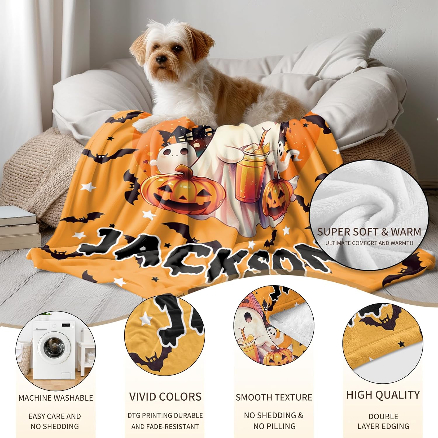 Ship Next Day, Custom Halloween Blanket - Printed in USA, Personalized Baby Blankets with Name