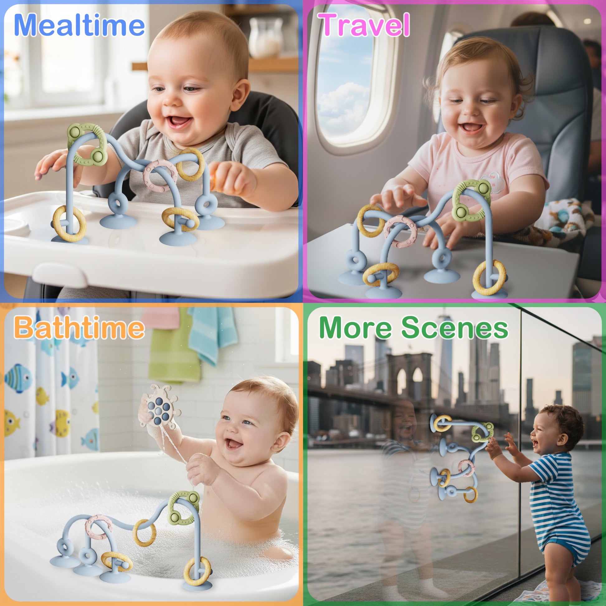 High Chair Suction Cup Toy & Teething Toy Set, Sensory Toy [Sky Blue]