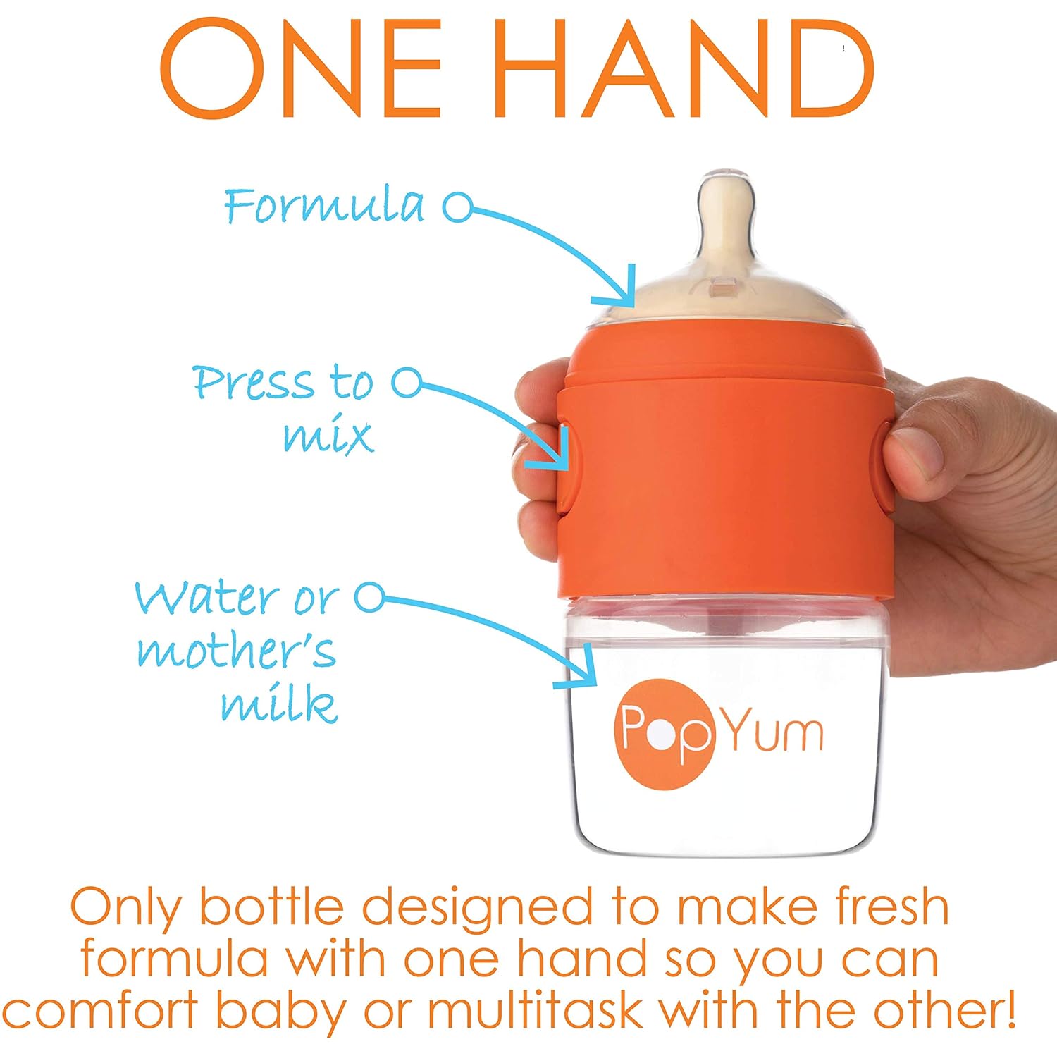 PopYum 9 oz Orange Anti-Colic Formula Making/Mixing/Dispenser Baby Bottles, 3-Pack with #2 Medium
