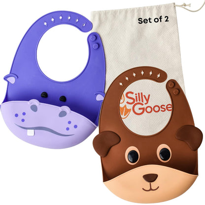 Silly Goose Set of 2 Silicone Animal Baby Bibs for Babies and Toddlers, Waterproof, Adjustable