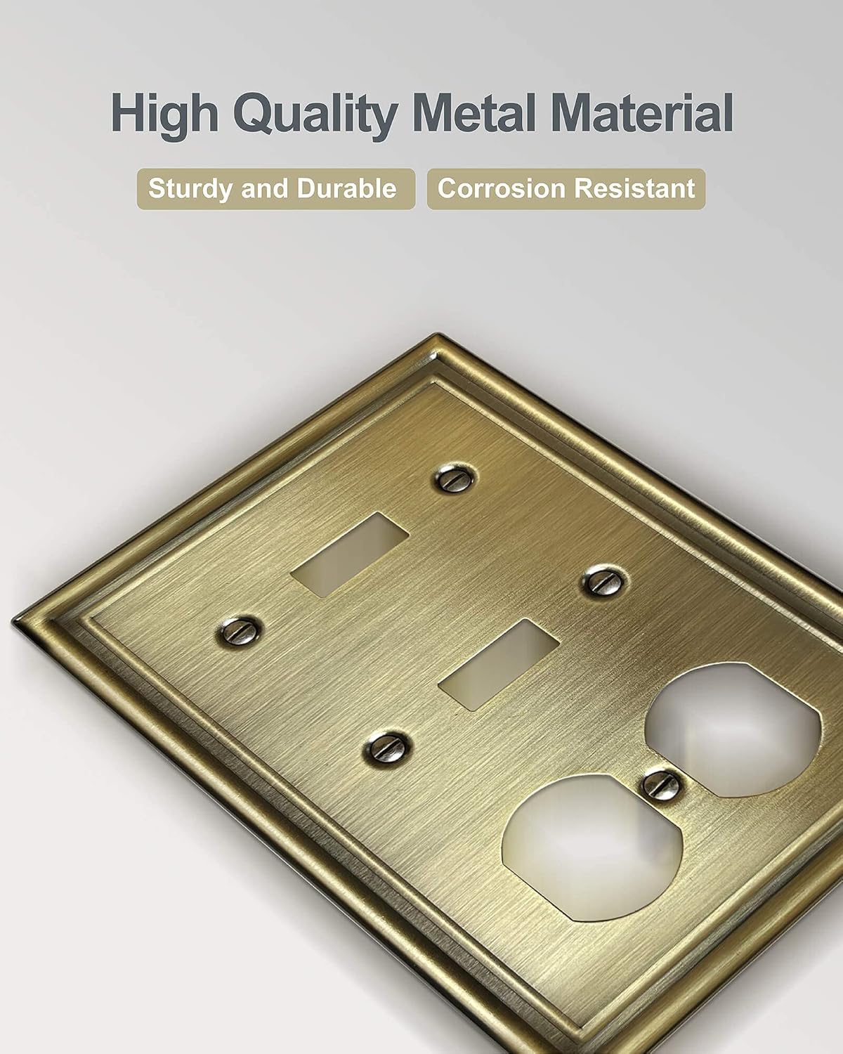 Combination 2 Toggle and 1 Duplex Metal Wall Plate, 3-Gang Switch Plates and Outlet Covers, Decorative Antique Brass Finish, Corrosion Resistant, 2-Pack, Midsize