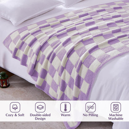 WRENSONGE Checkered Throw Blanket, Purple Soft Cozy Fluffy Warm Hand Made Throw Blankets for Couch