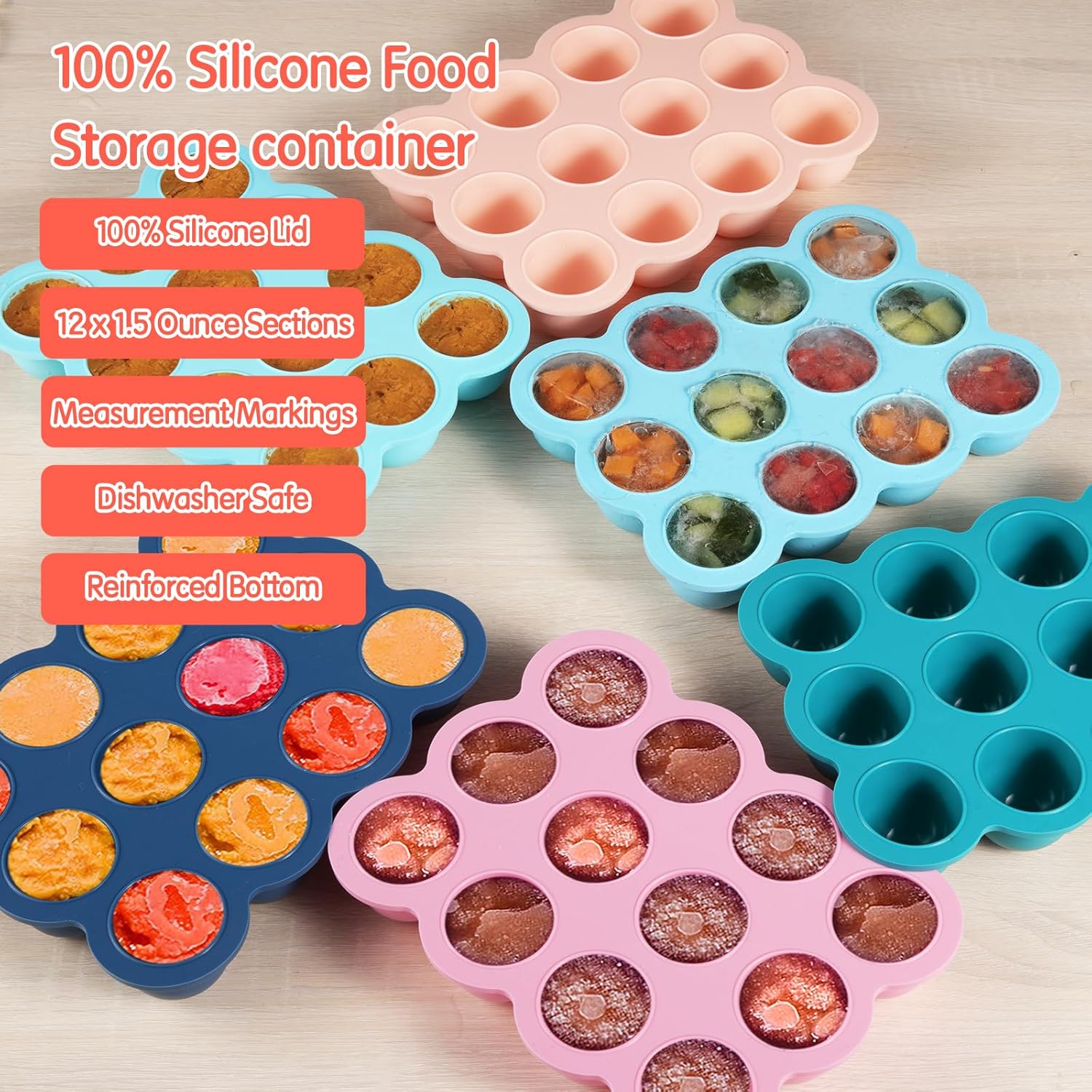 Baby Food Storage Container - 12 x 1.5oz Silicone Baby Food Freezer Tray with Silicone Lid, Perfect