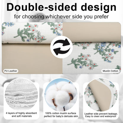 Baby Diaper Changing Pad, 19.7"x25.6" Waterproof Changing Pad Liners with 100% Muslin Cotton Front Top and Leather Back, Soft and Absorbent Portable Changing Mat for Travel, Changing Station
