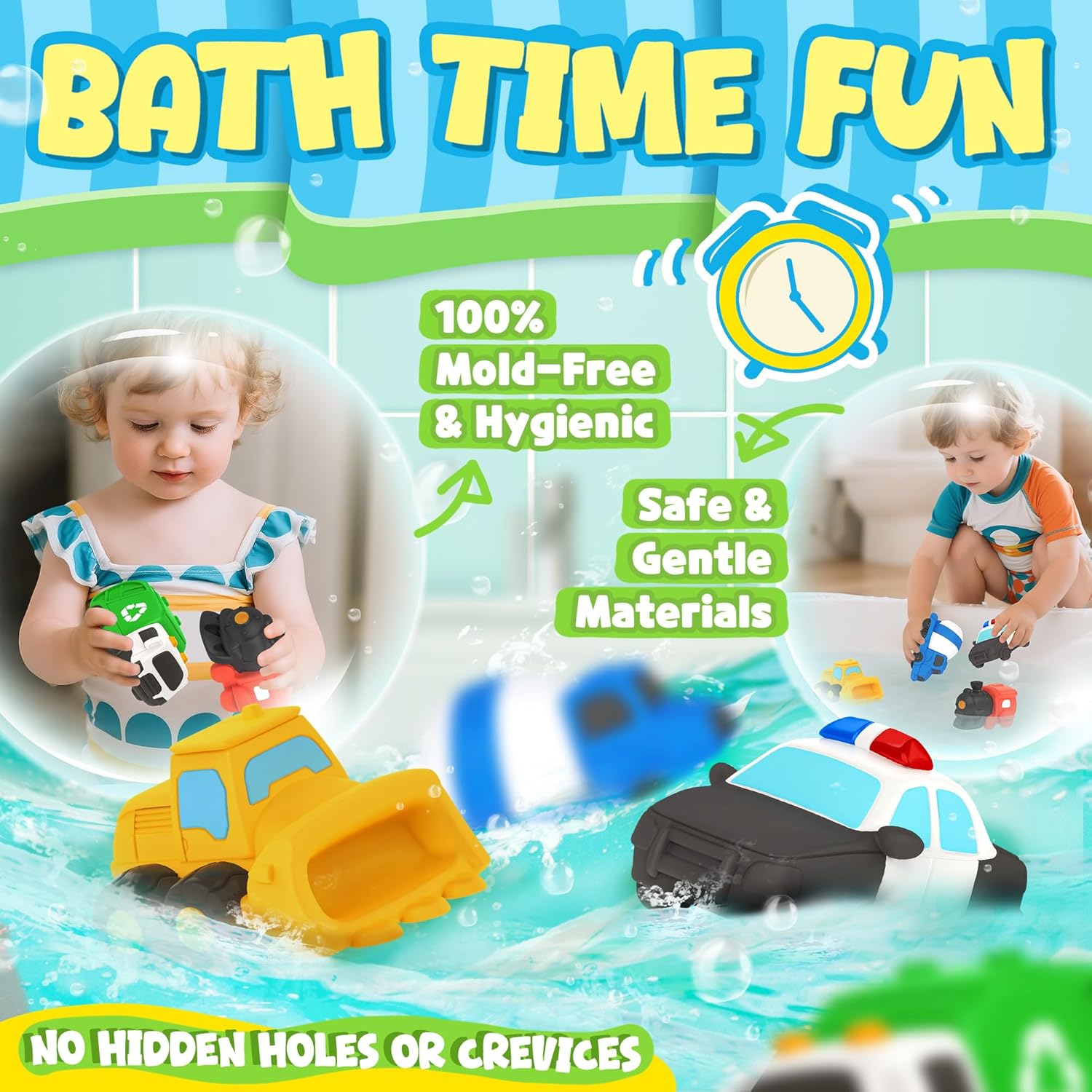 6 PCS Vehicle Floating Bath Toys Mold Free Infant Bath Tub Toys for 12 Months - No Hole Bathtub