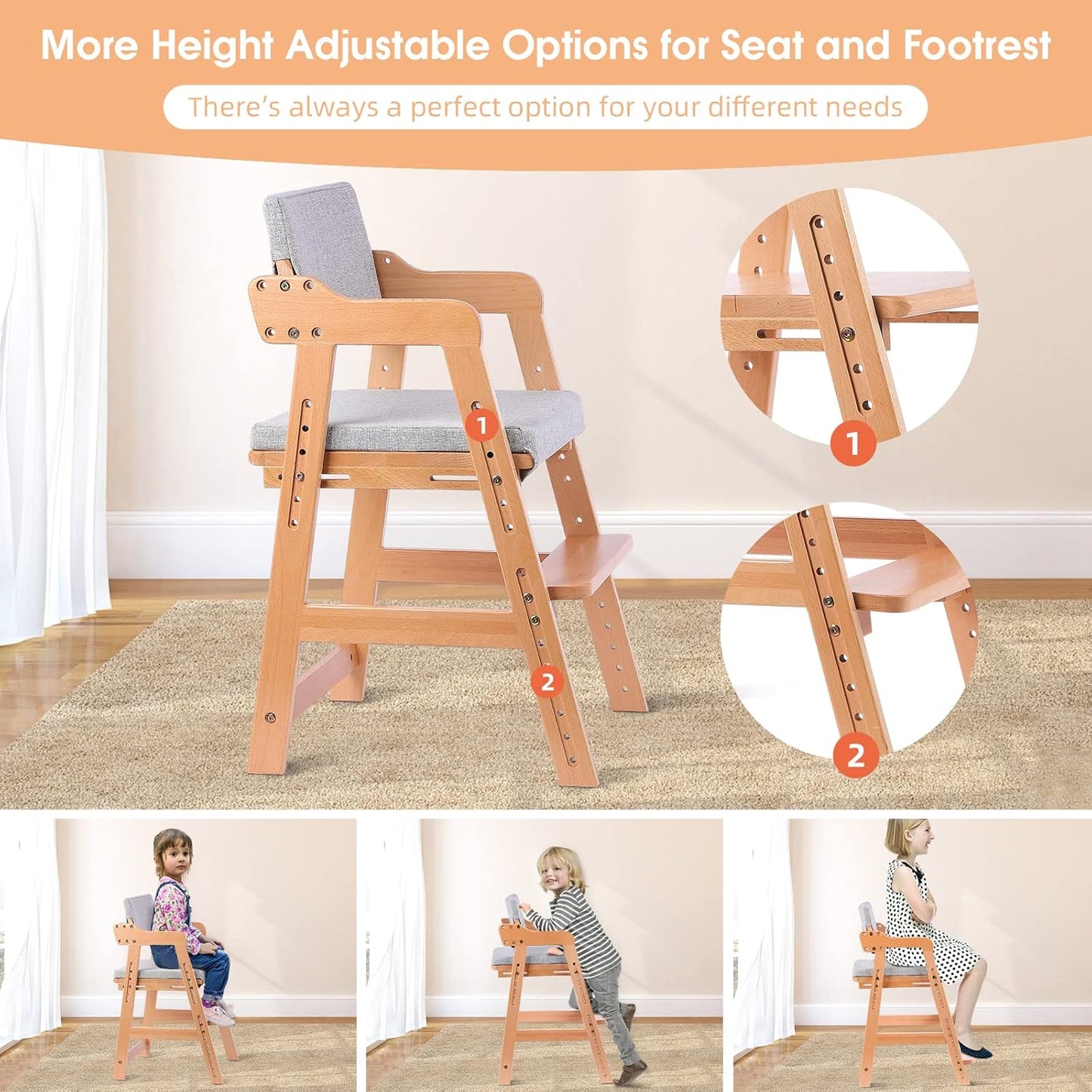 Ezebaby Wooden High Chair, Adjustable Highchair for Toddlers to Teens with Steps, Kids Dining
