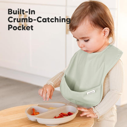 3-Pack Waterproof Baby Bibs for Eating - Lightweight Toddler Feeding Bibs with Large Food Catcher, Mess Proof, Food-Grade Baby Eating Essentials, Easy to Put On & Clean (Ocean)