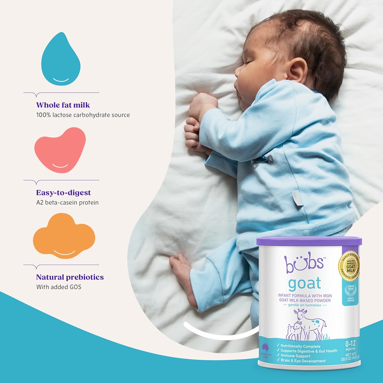 Bubs Whole Goat Milk Formula with Iron, Goat Milk-Based Powder, for Infants 0-12 Months, Made with