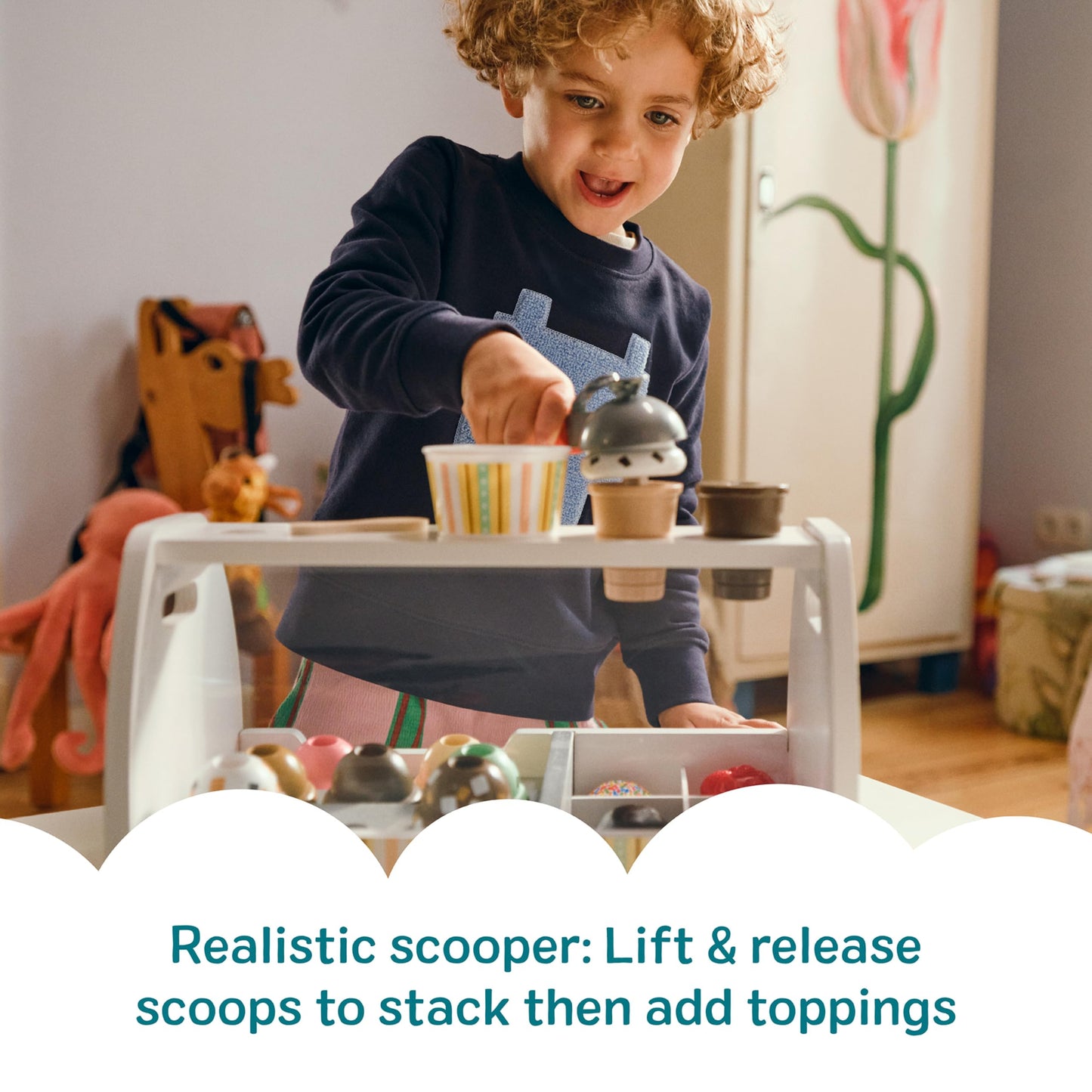 Melissa & Doug Wooden Scoop & Serve Ice Cream Counter, Pretend Play Store, 28 Toy Food & Play