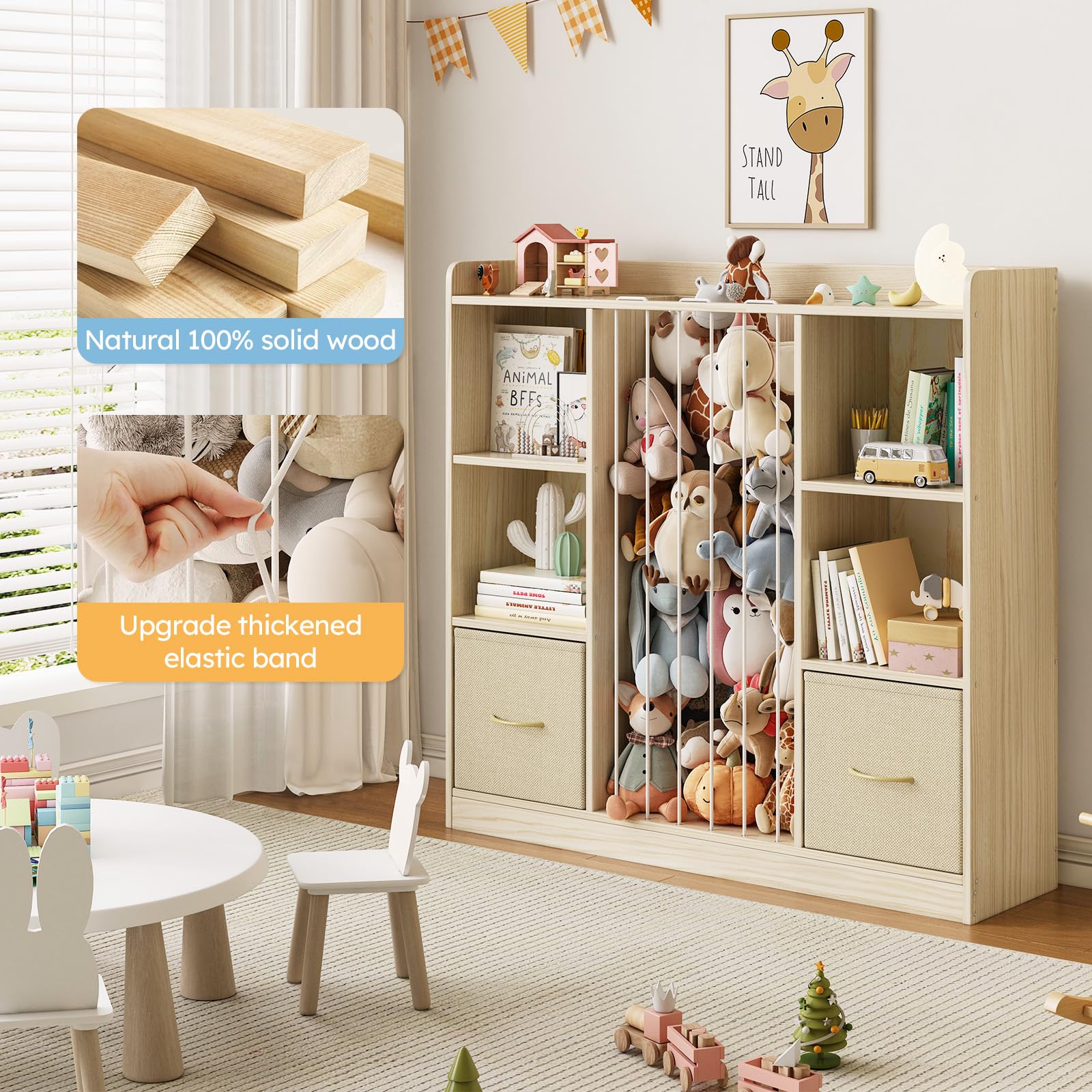 EXPERLAM 4-in-1 Toy Storage Organizer with Stuffed Animal Storage, Solid Pine Kids Bookshelf and