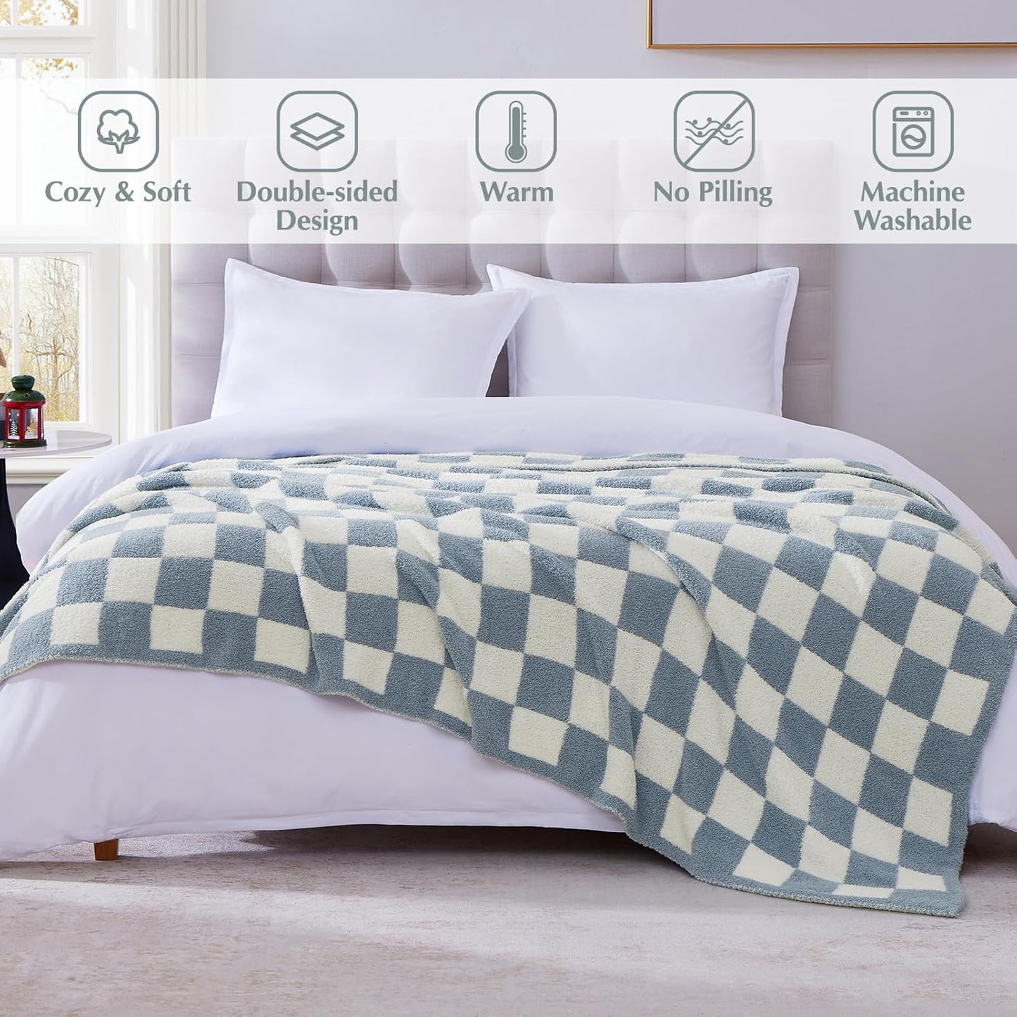 WRENSONGE Checkered Throw Blanket, Grey Blue Soft Cozy Fluffy Warm Hand Made Throw Blankets for