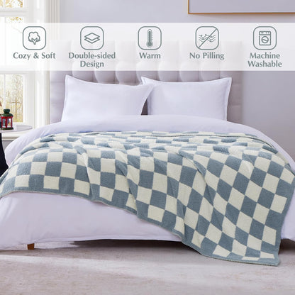 WRENSONGE Checkered Throw Blanket, Grey Blue Soft Cozy Fluffy Warm Hand Made Throw Blankets for